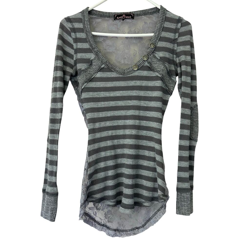 Vintage Almost Famous Gray Stripe Lace back Thermal Top Y2K Grunge Fairy Goth S